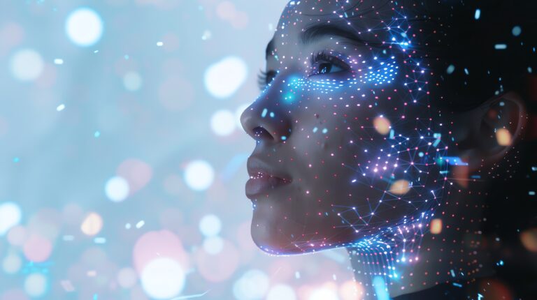 A woman's face with blue and pink glowing lines and dots