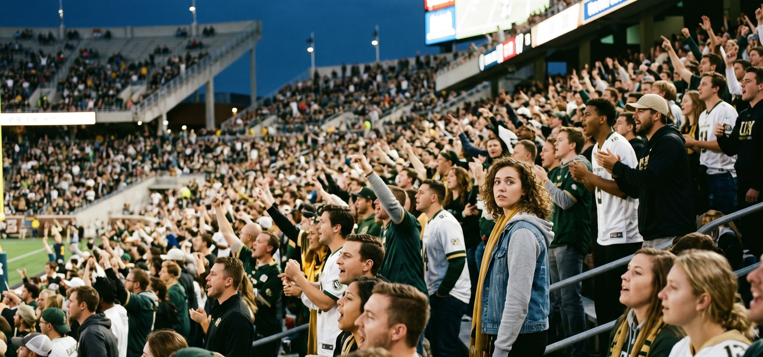A candid shot of a crowded sports stadium where everyone is cheering toward the field, while one person stands out by looking in the opposite direction, illustrating the need for distinct human insight.