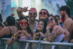 A massive stadium crowd illuminated at a live concert, demonstrating the behavioural science of in-group belonging and the scale of emotional brand connection.