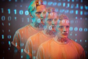 A stylized visual of a person overlaid with binary code, representing AI survey fraud and the threat of synthetic responses in market research.